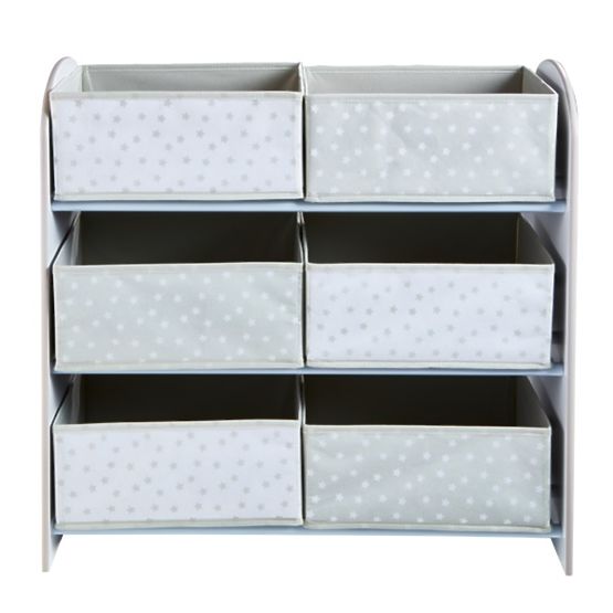 Toy organizer with gray and white boxes