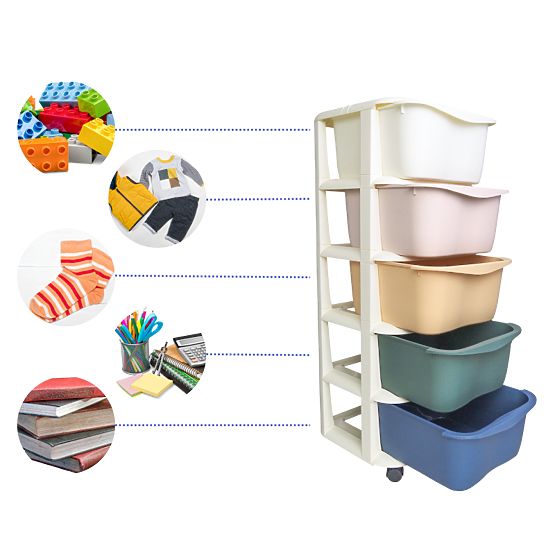 Plastic Shelf on Wheels for Children with Drawers