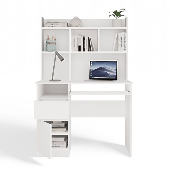 PORTO Left Desk with Top Matte White Drawer Shelves for Office Room