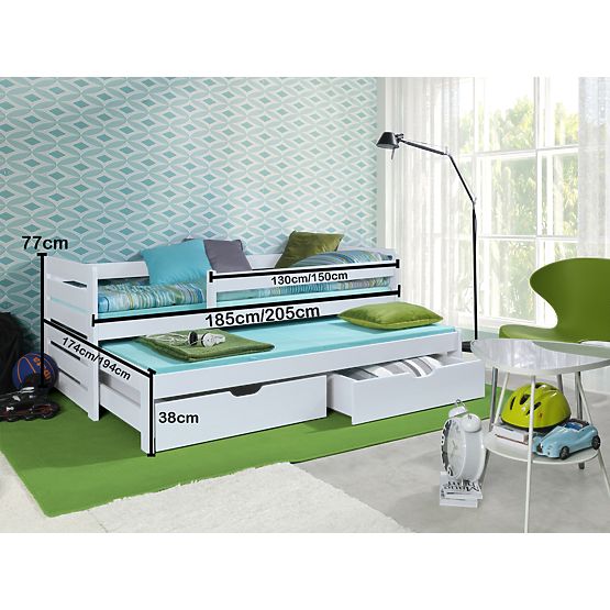 Children's Bed with Trundle and Guardrail Praktik - White