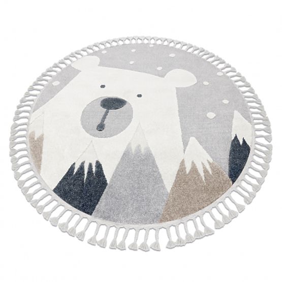 Round Carpet YOYO EY81 Gray/White - Bear, Mountains for Children, Structural, Sensory Fringes