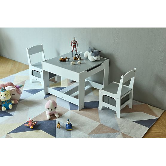 Set of children's table and 2 gray chairs