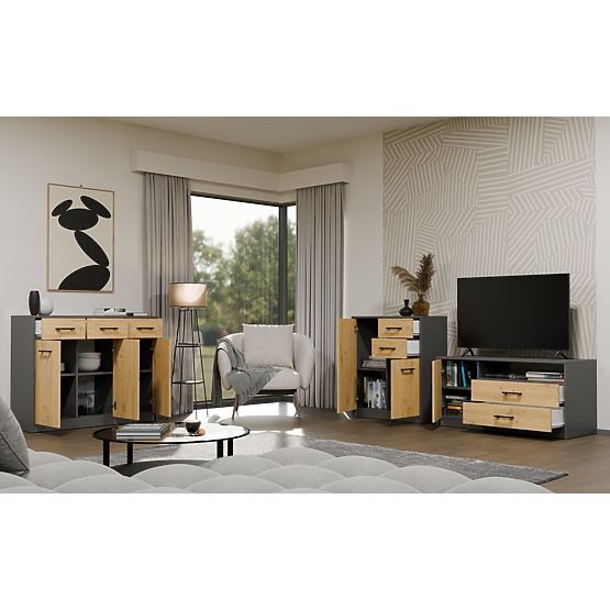 SIMPLO 3D3S Sideboard 3 Drawers 3 Doors ANTHRACITE ARTISAN OAK