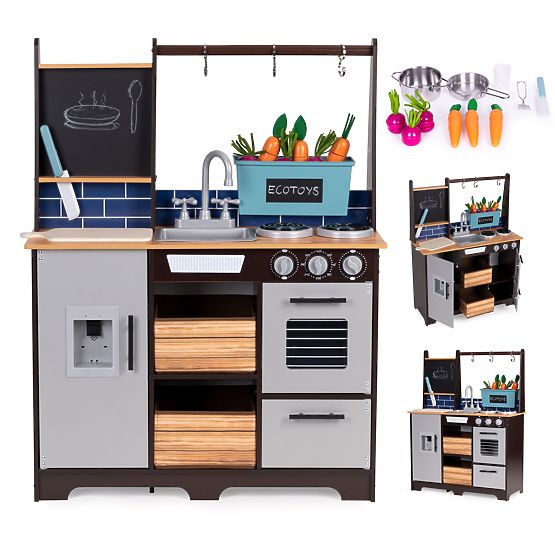 Large Wooden Children's Kitchen with Vegetable Stand and Accessories ECOTOYS