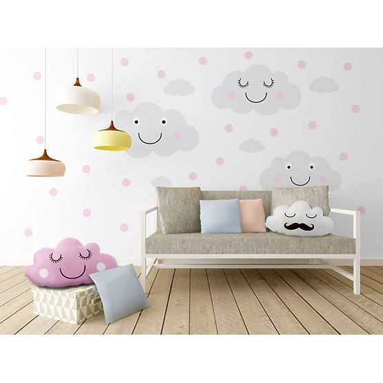 Wall decoration - happy clouds + pink dots