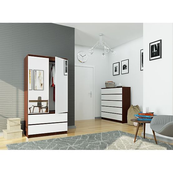 WARDROBE S 90 cm 2 DOORS 2 DRAWERS 2 MIRRORS PK WENGE / WHITE