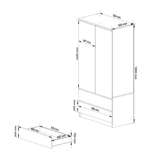WARDROBE S 90 cm 2 DOORS 2 DRAWERS 2 MIRRORS PK WENGE / WHITE