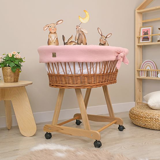 Wicker Baby Crib with Accessories - Dusty Pink
