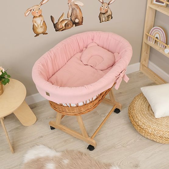 Wicker Baby Crib with Accessories - Dusty Pink