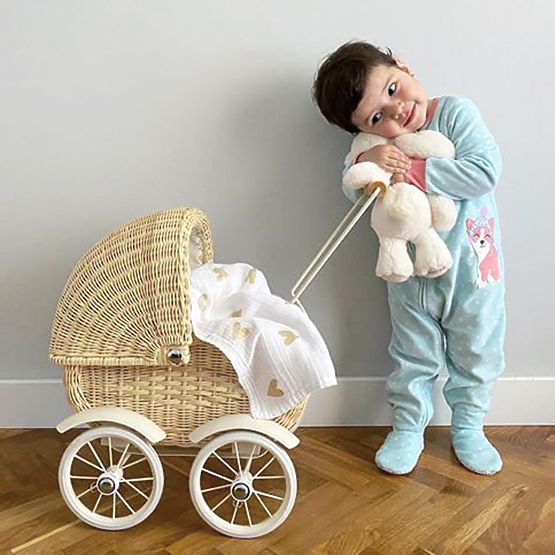 Wicker stroller for dolls - natural wood
