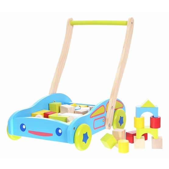 Wooden Baby Push Walker with Building Blocks - Blue