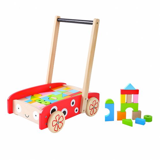 Wooden baby walker with cubes red