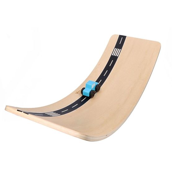 Wooden balance board with toy car and road