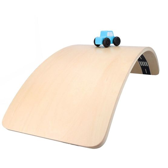 Wooden balance board with toy car and road