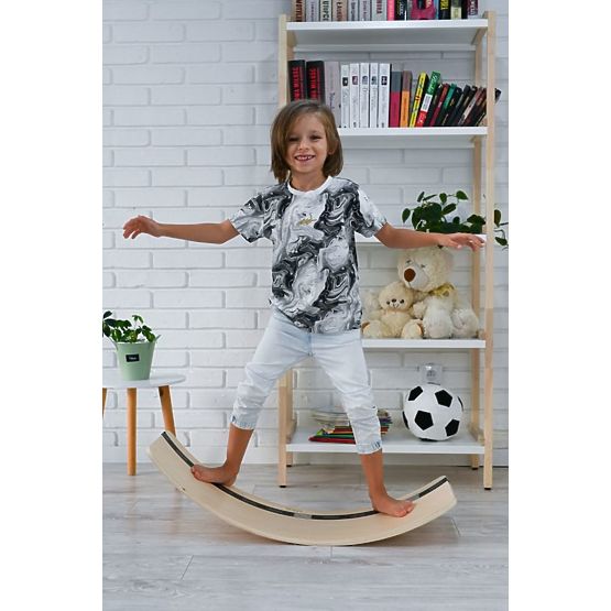Wooden balance board with toy car and road