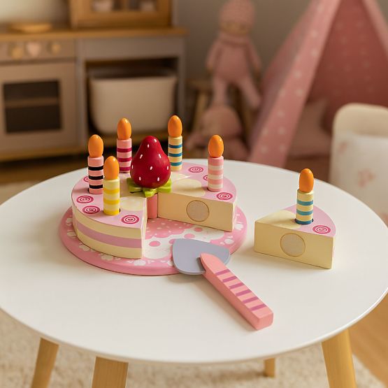 Wooden Cake Set with Velcro Candles and Strawberry for Kids 15 Pieces ECOTOYS