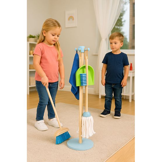 Wooden Cleaning Set for Children Mop Broom with Dustpan 7 Elements ECOTOYS