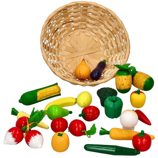 Wooden fruits and vegetables in a basket 21 pcs