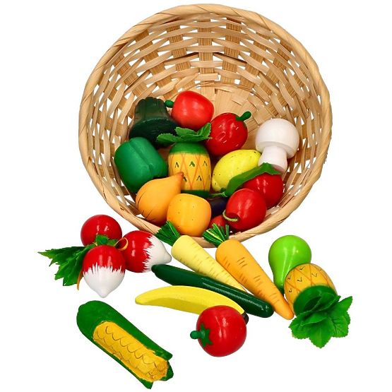 Wooden fruits and vegetables in a basket 21 pcs