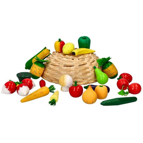 Wooden fruits and vegetables in a basket 21 pcs
