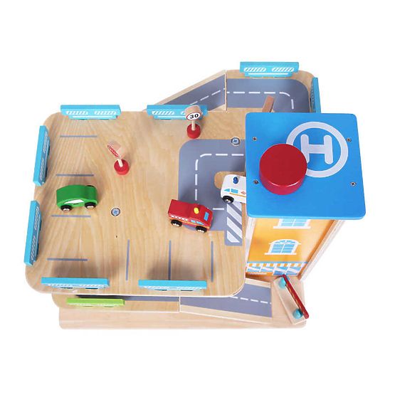 Wooden garage with cars and lift