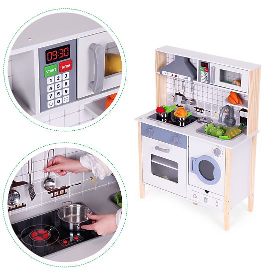 Wooden Kitchen for Kids with Sounds, LED Oven, Washing Machine, Kitchen Accessories ECOTOYS