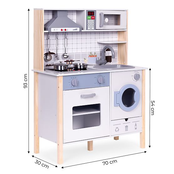 Wooden Kitchen for Kids with Sounds, LED Oven, Washing Machine, Kitchen Accessories ECOTOYS
