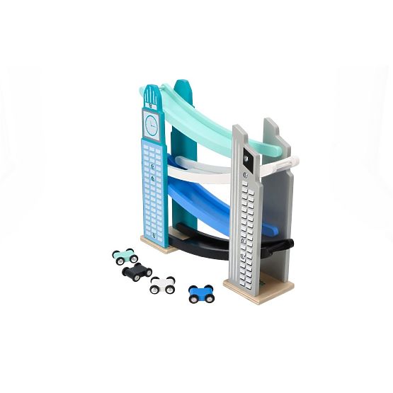 Wooden slide with skyscrapers