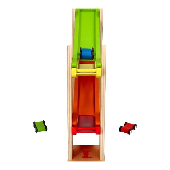 Wooden space slide with toy cars