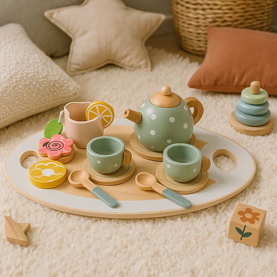 Wooden Tea Set Teapot Cups 14 Pieces ECOTOYS