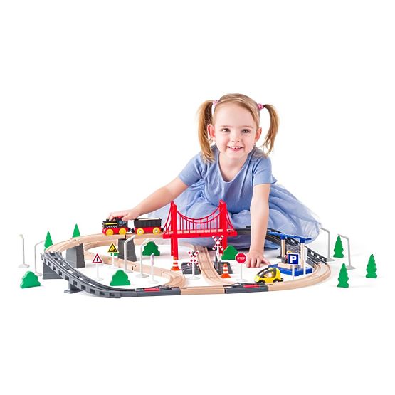 Wooden Train Set with Battery-Powered Locomotive, 80 Pieces