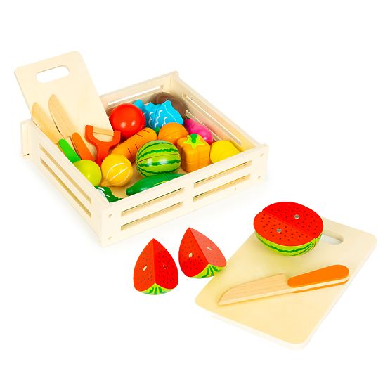 Wooden Vegetables and Fruits for Cutting 17 Pieces + Wooden Crate