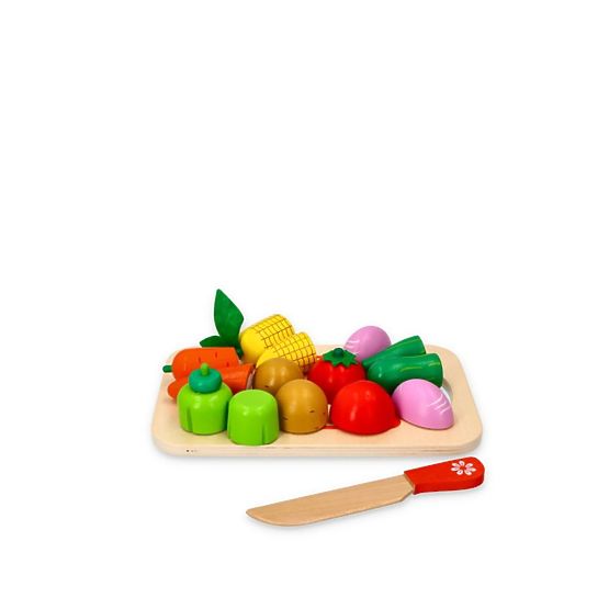 Wooden vegetables with a cutting board