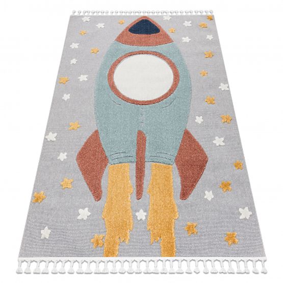 YOYO GD55 Carpet Gray/Blue - Stars, Rocket for Children, Textured, Sensory Fringes