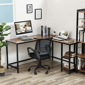 Brown Corner Computer Desk with Steel Frame and Two Shelves