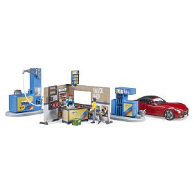 Bruder Gas Station with Car and 2 Figures, Bruder