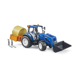 Bruder Tractor New Holland T5.120 with Front Loader, Tipping Trailer, Forks, and Round Bale