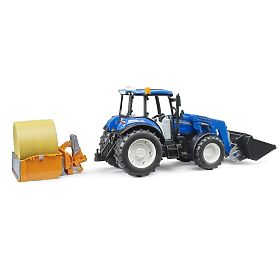 Bruder Tractor New Holland T5.120 with Front Loader, Tipping Trailer, Forks, and Round Bale, Bruder