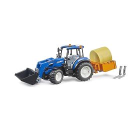 Bruder Tractor New Holland T5.120 with Front Loader, Tipping Trailer, Forks, and Round Bale, Bruder