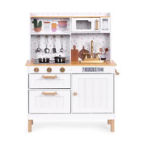 Children's Kitchen with Sounds and LED Wooden Large Opening Cabinets 7 Accessories ECOTOYS