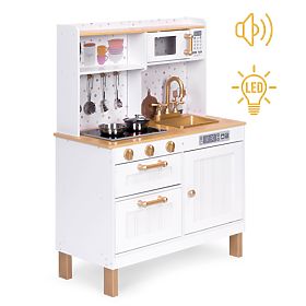 Children's Kitchen with Sounds and LED Wooden Large Opening Cabinets 7 Accessories ECOTOYS, EcoToys