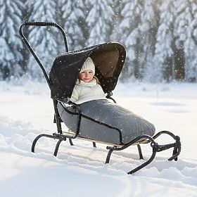 Children's sled with backrest and hood - dark gray / melange