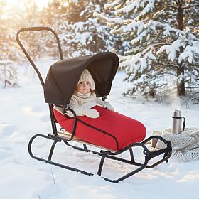 Children's sled with backrest and hood - red