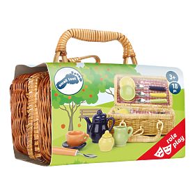 Small Foot Picnic basket with colorful ceramic dishes