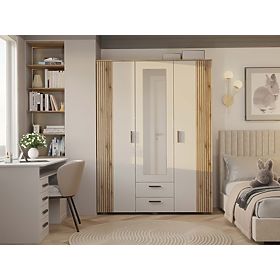 WARDROBE AVA 150 CM MIRROR 2 DRAWERS GROOVED FRONT OAK EVOKE CASHMERE BEIGE