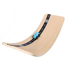 Wooden balance board with toy car and road