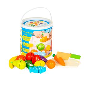 Wooden Vegetables and Fruits for Cutting 13 Pieces + Bucket